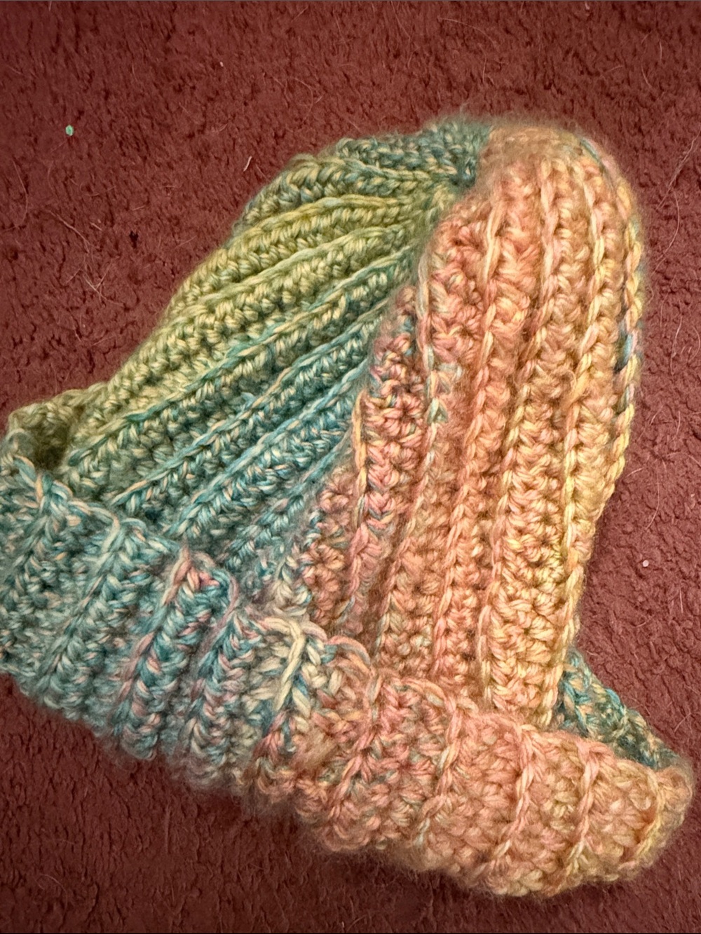 Handmade Multicolor Knit Beanie - Pastel Green, peach, light blue, yellow